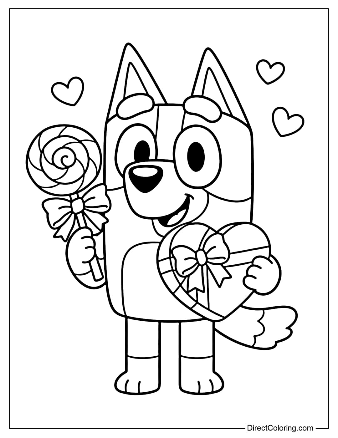 A coloring page featuring Bluey holding Valentine's candy, including a lollipop and a heart-shaped candy box.