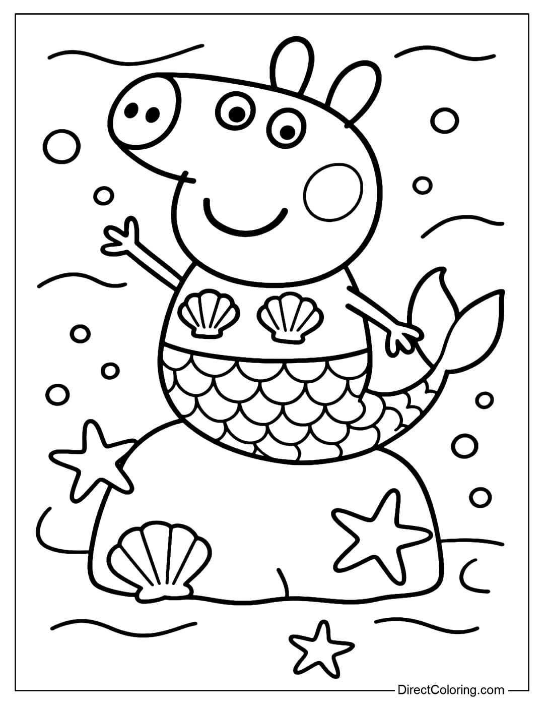 Coloring page Peppa Pig transformed into a mermaid, sitting on a large rock under the sea, surrounded by starfish, seashells and round bubbles.