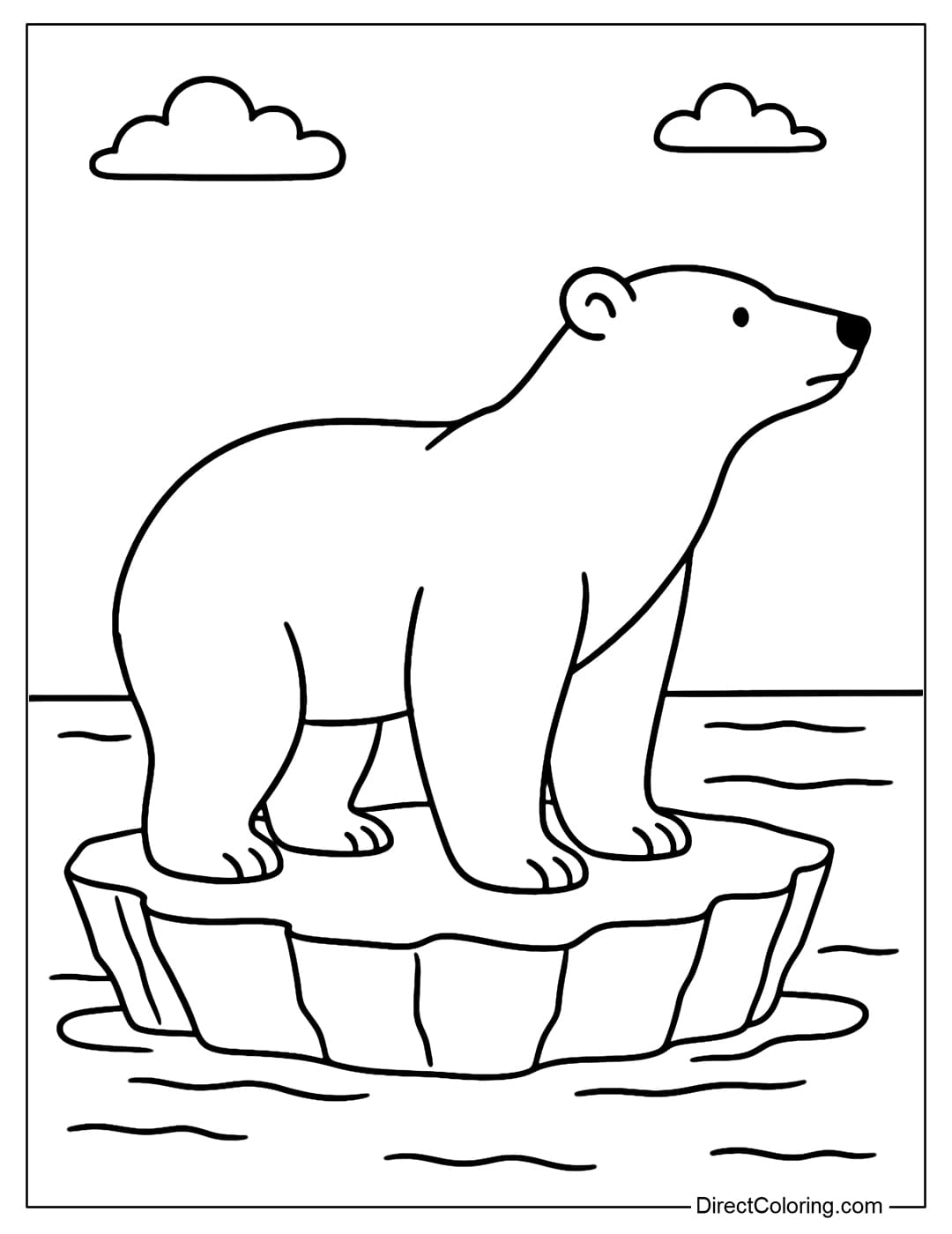 Polar bear coloring page standing on an ice floe in the middle of a calm ocean.