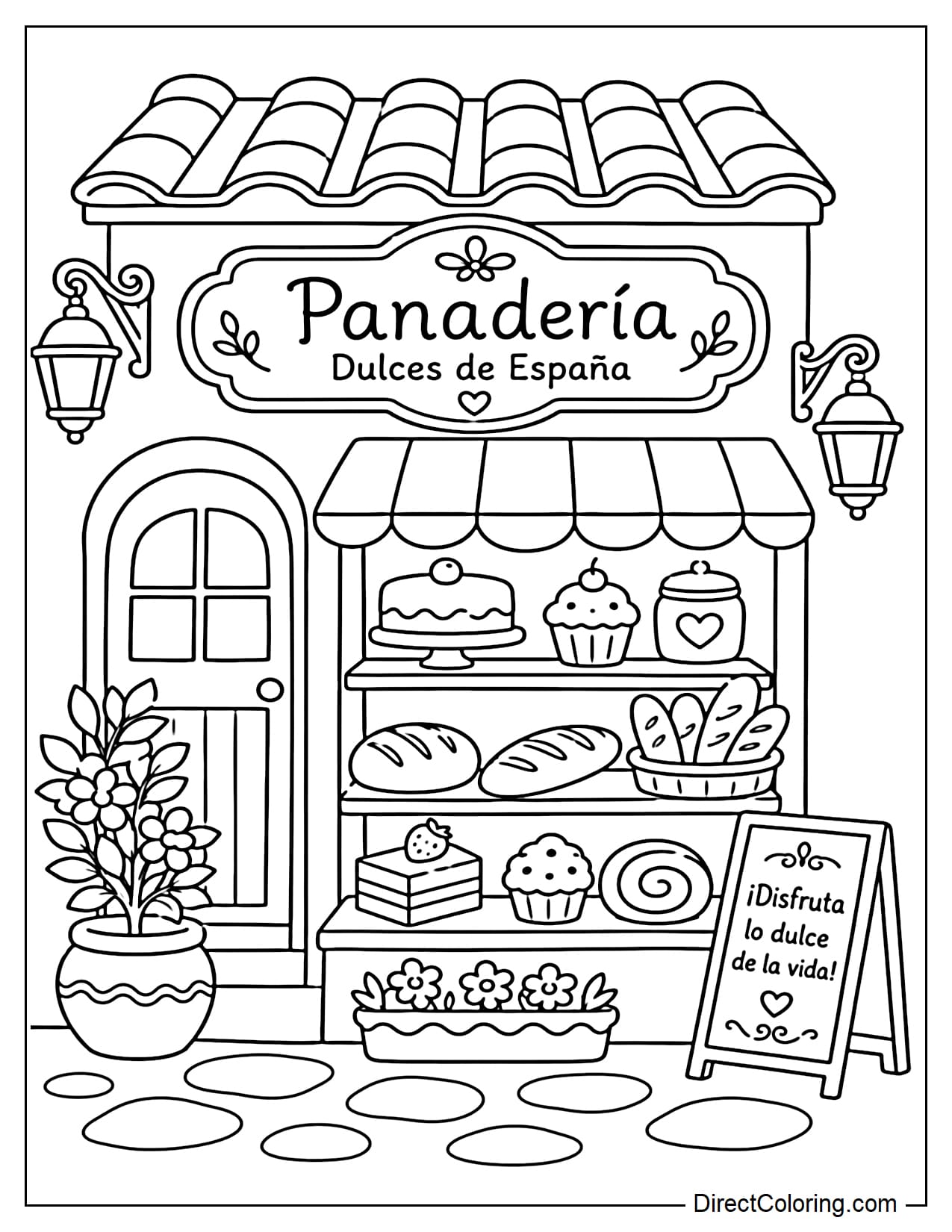 A Spanish-style bakery scene with pastries, bread, a small display counter, and a charming sign.