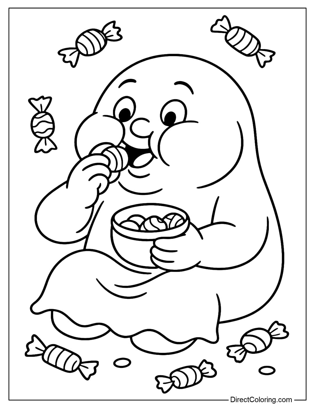 A ghost coloring page sitting and eating candy, surrounded by scattered candy wrappers, a chubby ghost face.