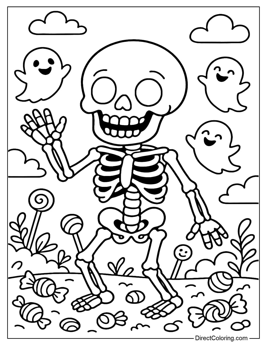 Coloring page of cute skeleton playing with some little ghosts, the whole group laughs happily in the candy field.