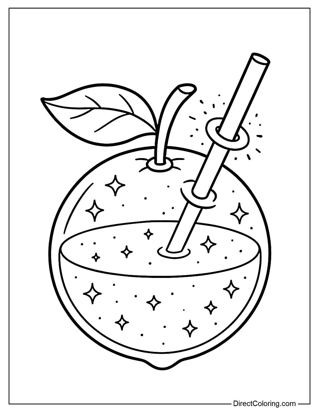 A round shiny orange coloring page, orange juice with a small star inside, a round hole creating a glitter effect around the straw.