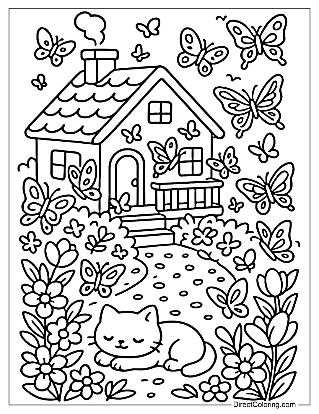 A small house coloring page in the middle of the flower garden, butterflies flying around the balcony, kittens lying on the steps.