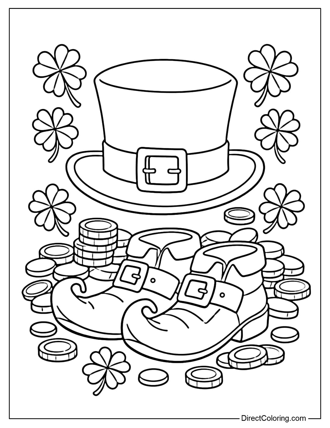 A coloring page featuring the iconic Leprechaun outfit, including a blue hat and classic shoes, surrounded by gold and lucky clover.