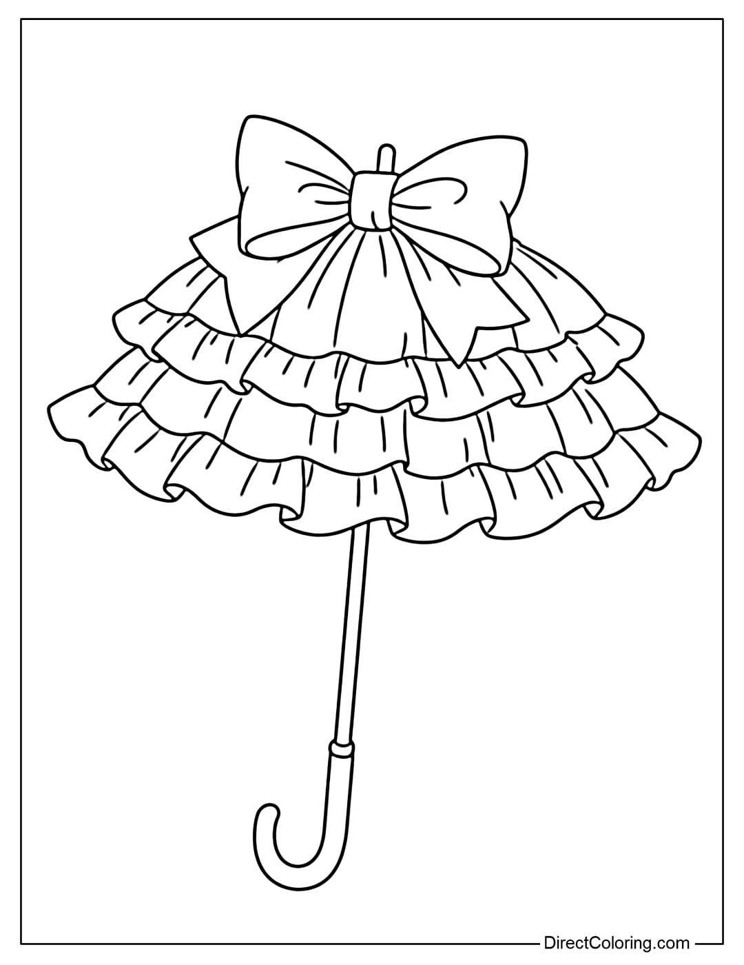 A coloring page with tiered ruffles and a large bow on top, and a lovely slender handle.