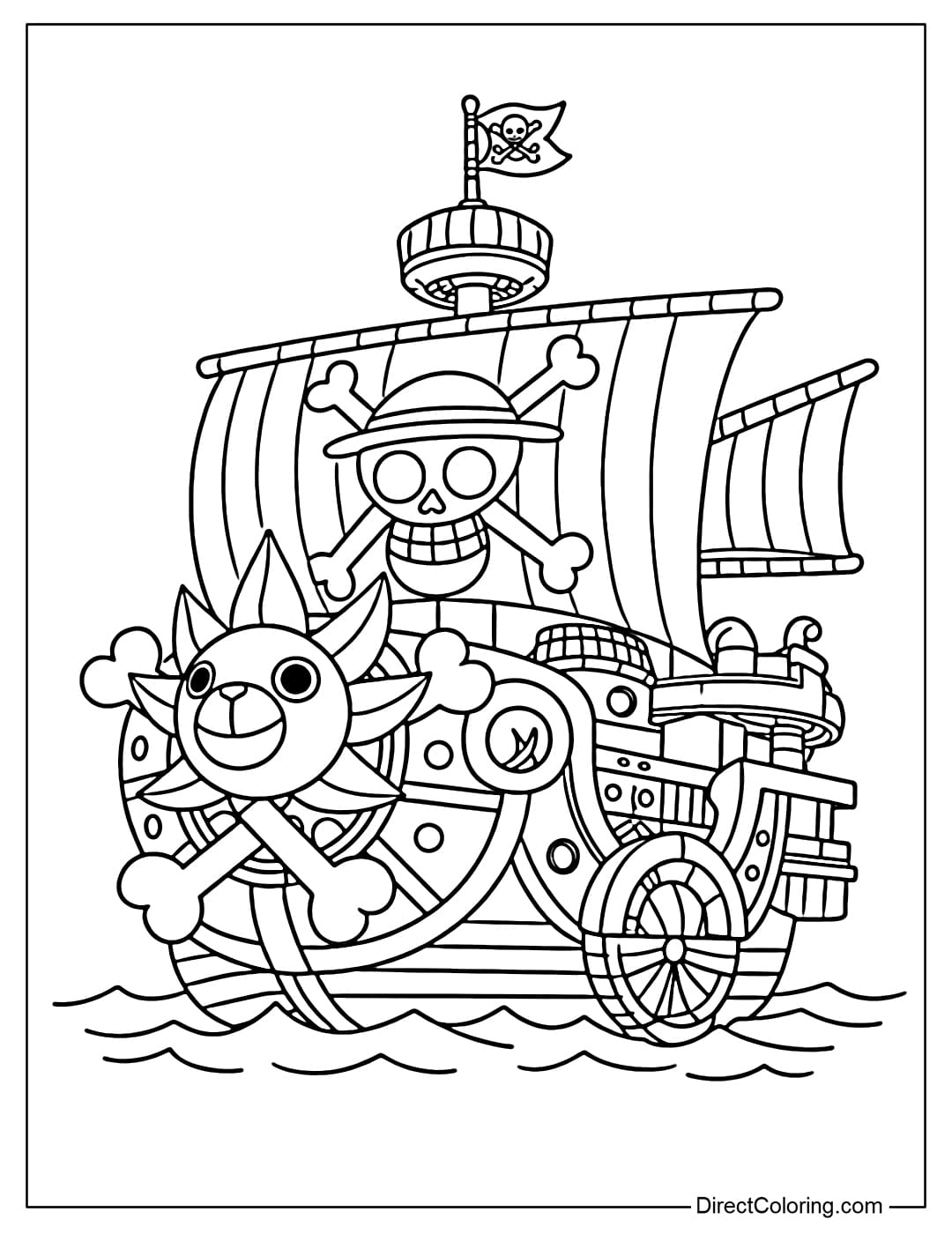 The Straw Hat Pirates' Thousand Sunny ship is sailing on the waves, with a lion's head emblem at the bow and a large sail printed with a skull and crossbones.