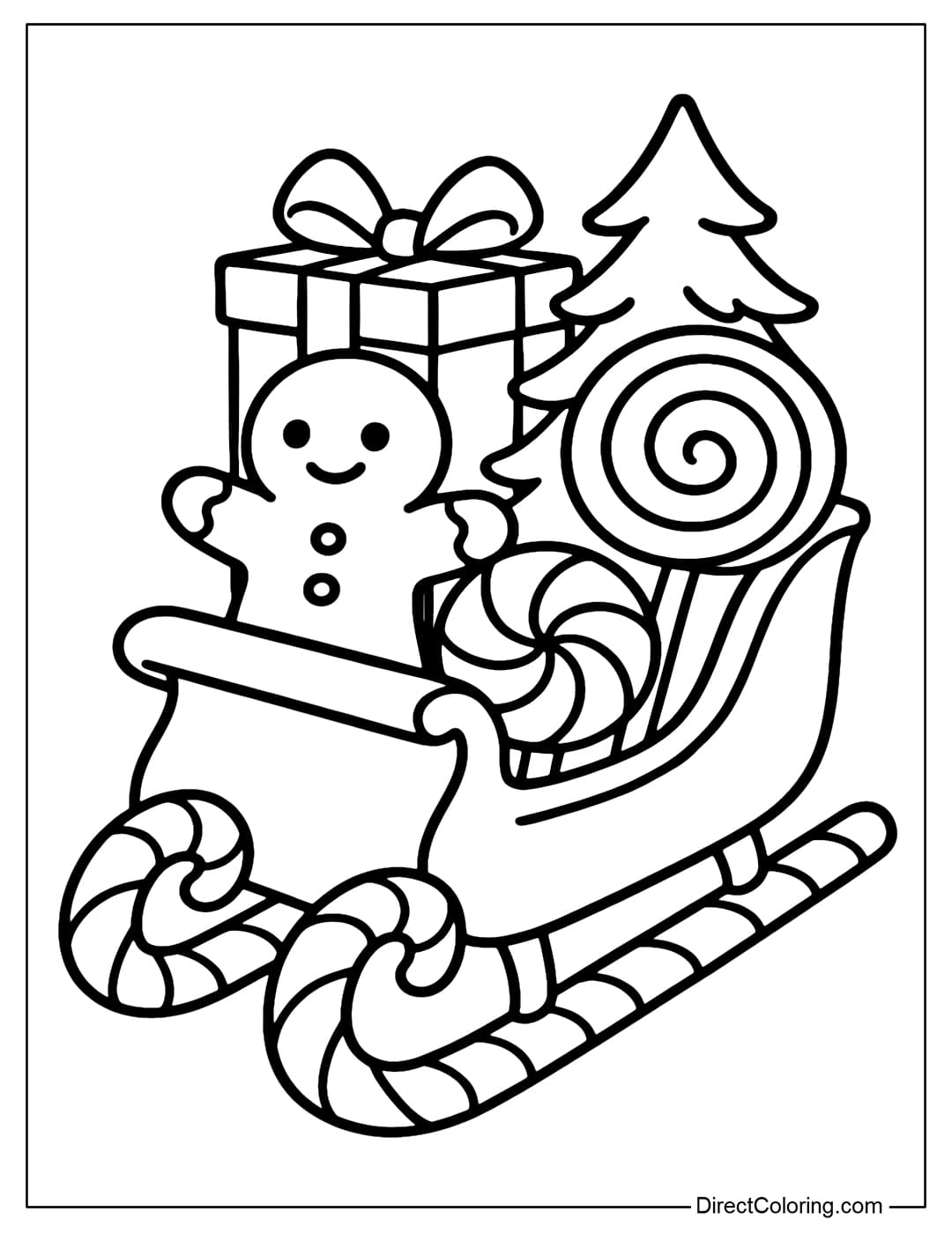A coloring page of a sleigh made of candy canes, carrying gift boxes, gingerbread cookies and round candies, and a small pine tree behind.