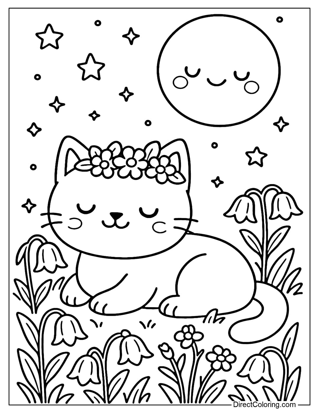 Coloring page of a cat wearing a flower crown lying in a night garden full of bluebells, surrounded by a full moon and sparkling stars.