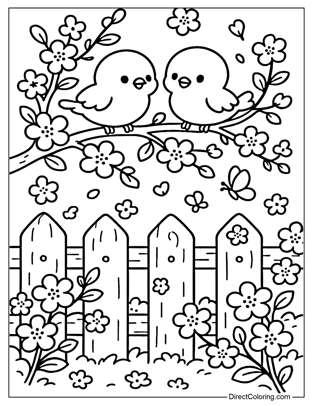 Fence coloring page covered with bright pink peach blossoms, a pair of baby birds chirping on the branches.