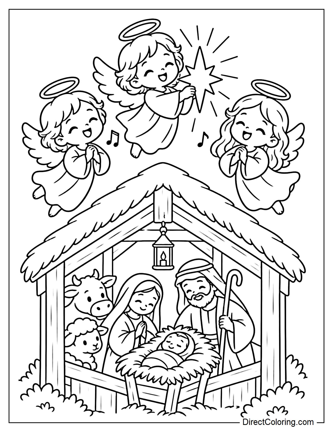 Three little angels flying above the Nativity stable, with one angel holding a star while the other two sing joyfully.