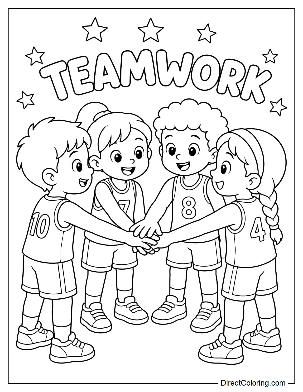 Four children stand with their hands clasped in a circle before a game, with some stars and the word 