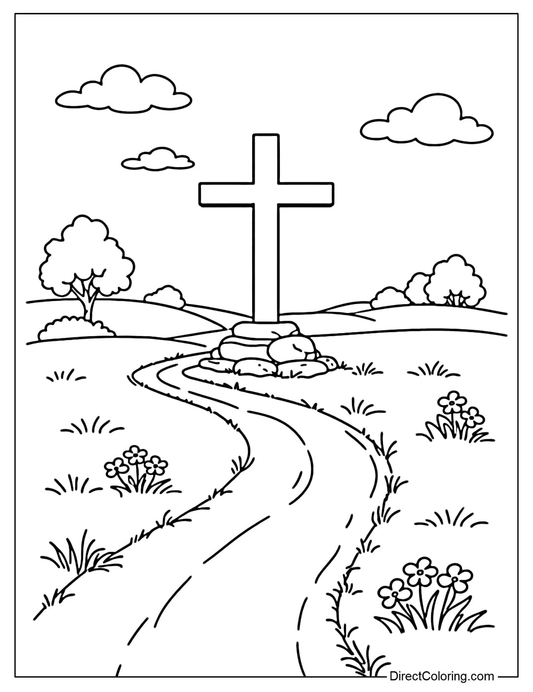 A coloring page of a cross standing at the end of a gently winding road leading through a lawn.