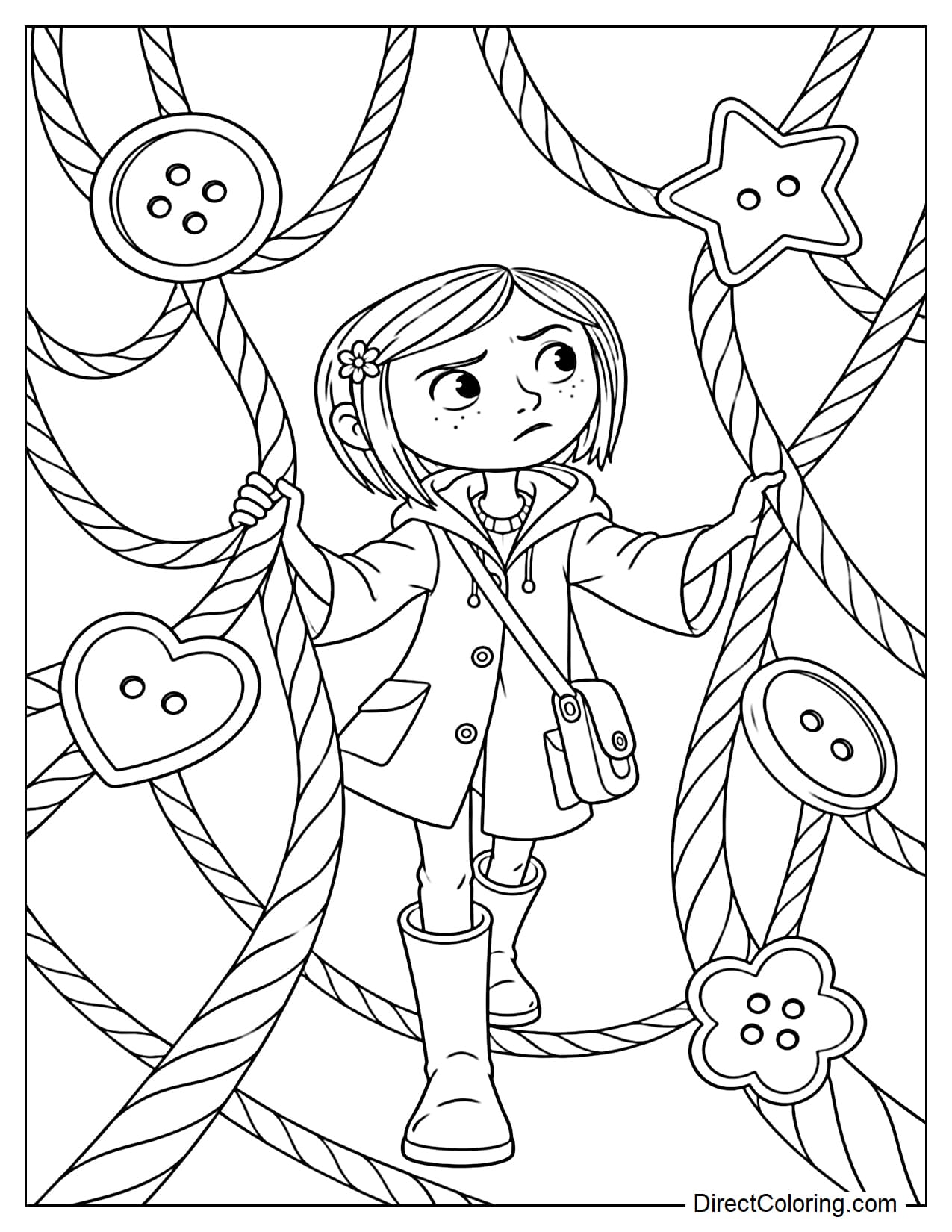 Coraline stands among large strands of thread curving around her like a web, with several oversized buttons caught between them as she uses both hands to pull two strands apart and find a way through.