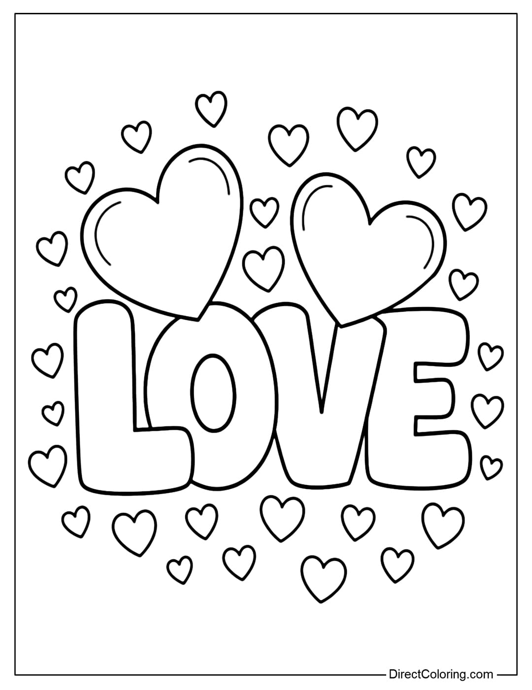 A coloring page for the word LOVE, with two large hearts crowning the letters L and V, surrounded by many small hearts.