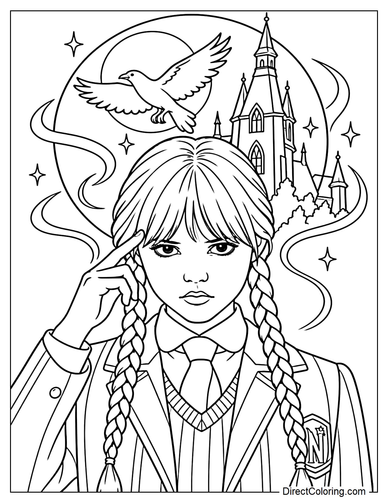 Wednesday gently places one hand against her temple as she experiences a psychic vision. Behind her head is a large circular vision showing a simple image of a raven flying over a Nevermore tower.