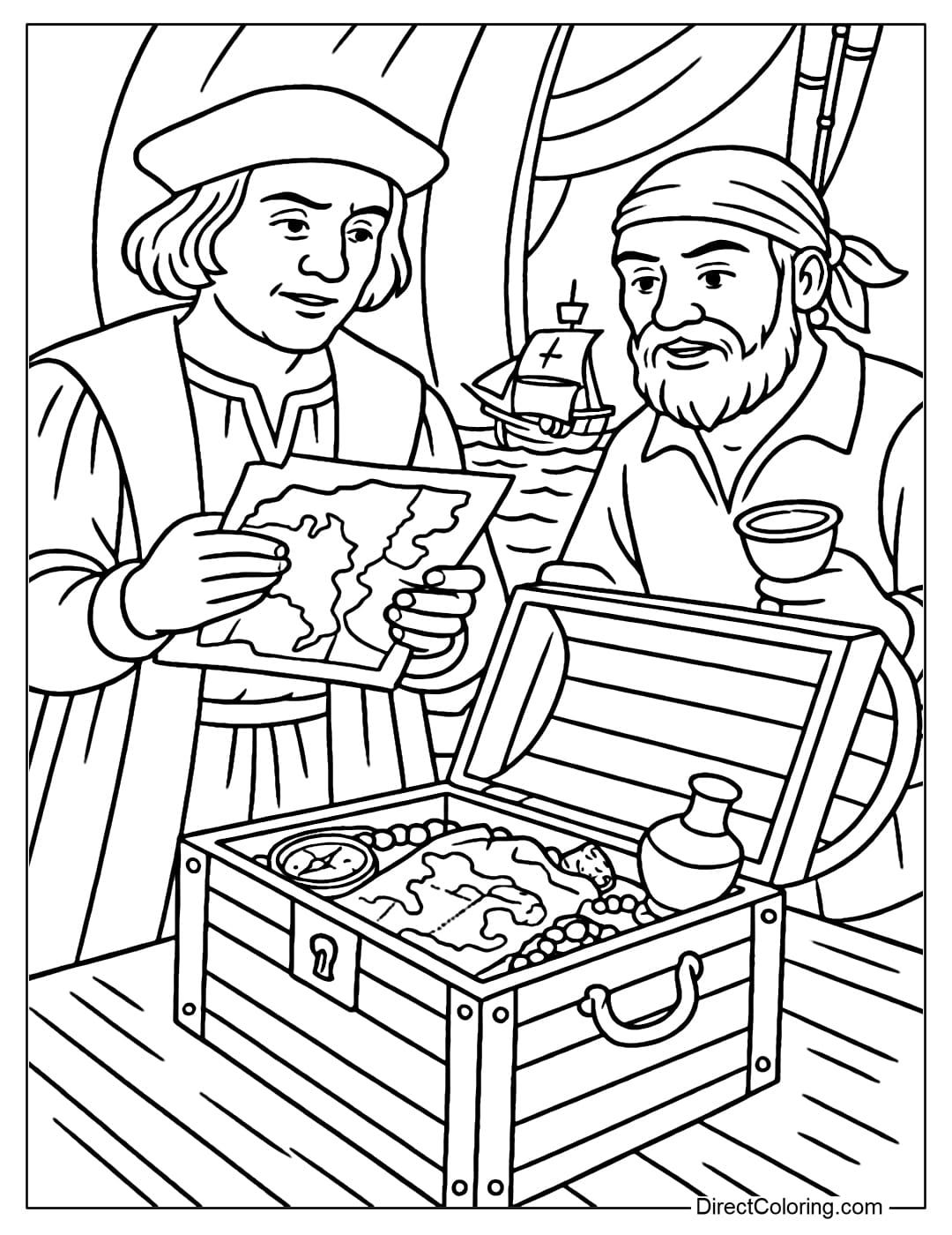 Coloring page of Columbus and the sailors opening a wooden chest containing maps, compasses, and rare items.