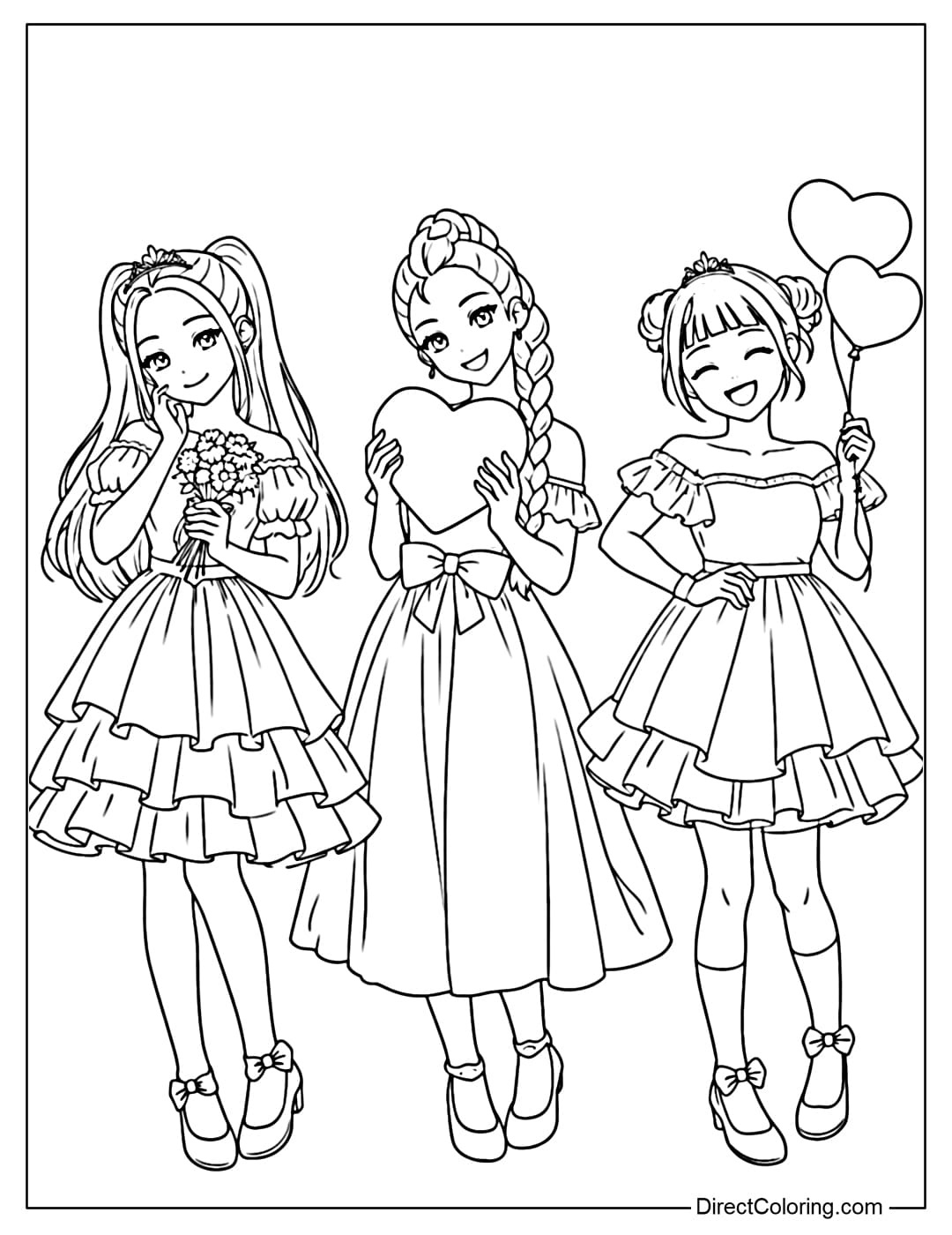 Kpop Demon Hunters coloring page features three girls, Rumi, Zoey, and Mira, gracefully dressed in flowing dresses, each with a different Valentine's symbol.