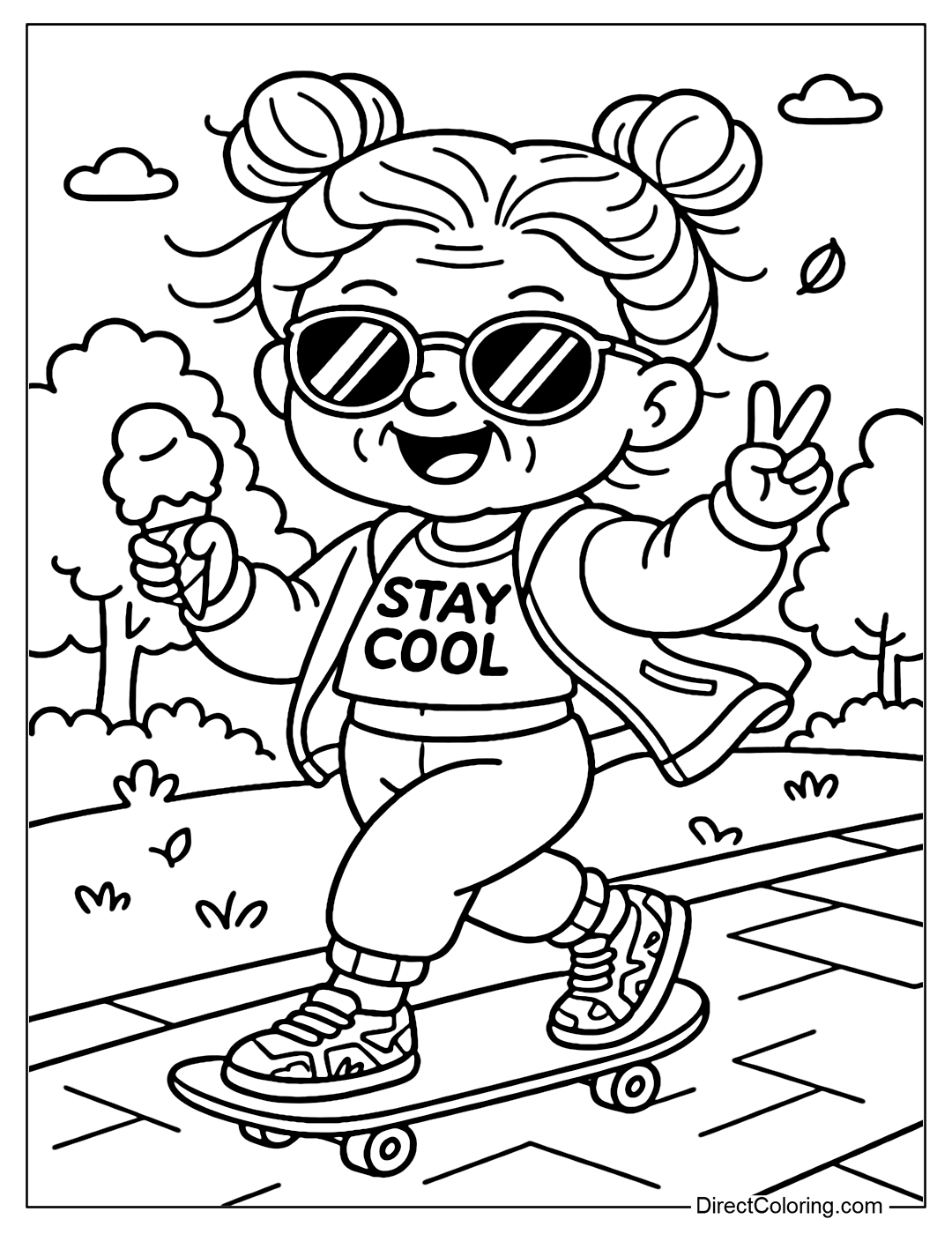 Coloring Page Grandma is skateboarding coolly on the sidewalk of the park, one hand holding an ice cream, the other hand holding a peace sign, smiling loudly.