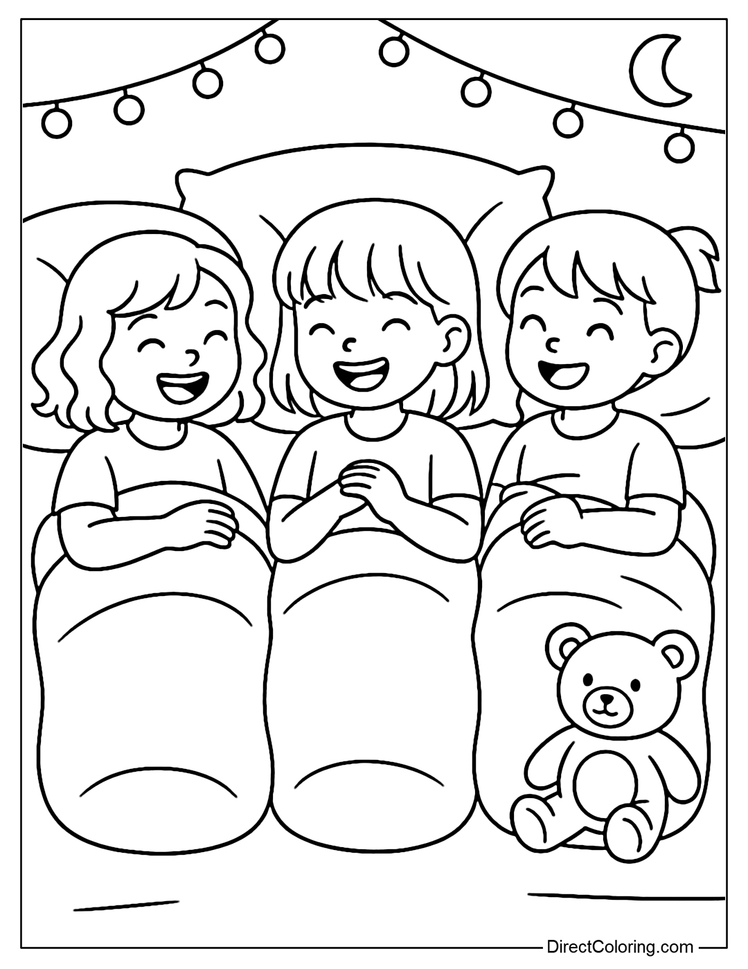 Coloring page of three little girls lying curled up in their sleeping bags, telling stories or laughing together, with pillows, teddy bears and soft lights in the background.