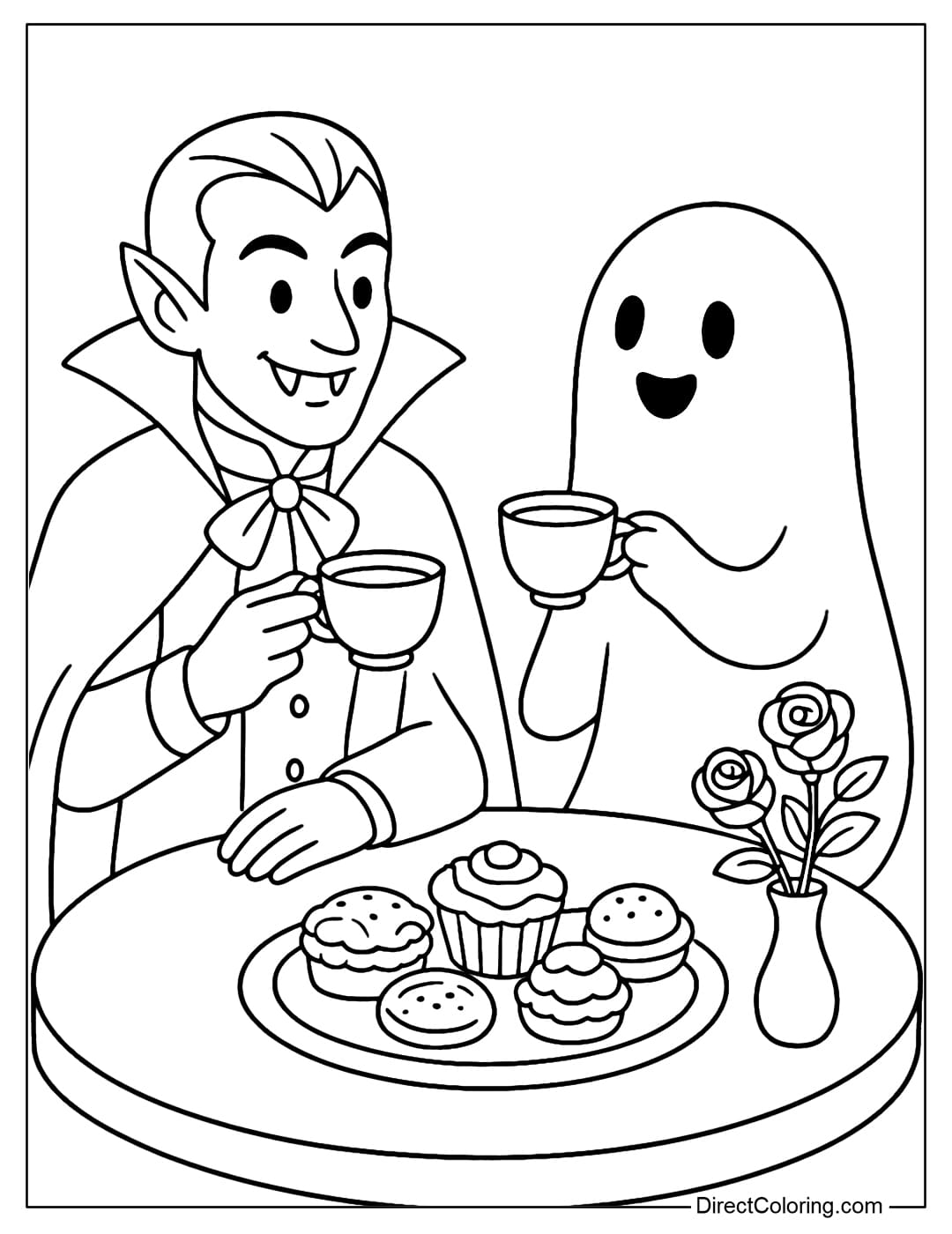 Vampire Tea Party Coloring Page Coloring page of vampire sitting drinking tea with ghost friends, table full of cakes and roses.