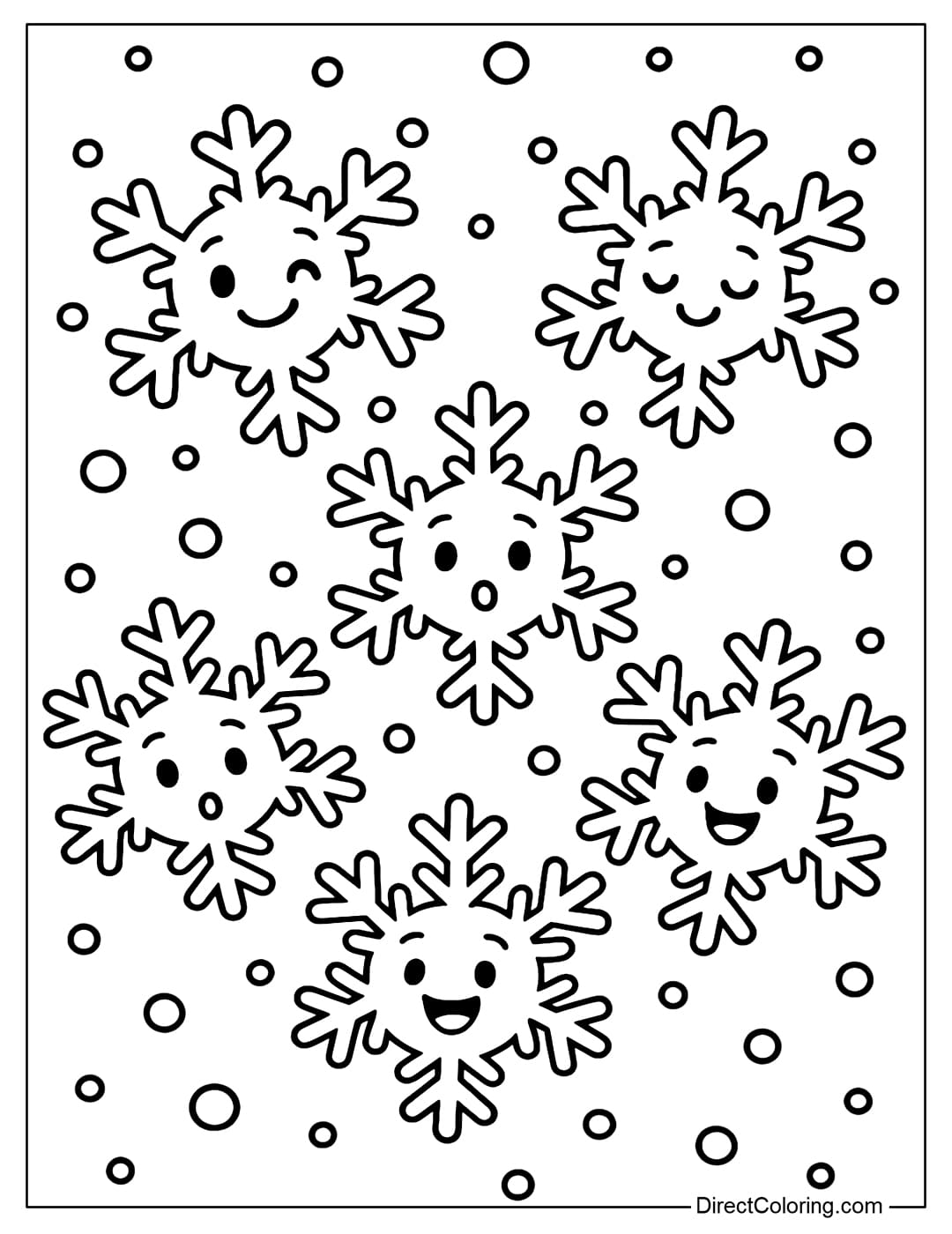 A coloring page featuring a group of 6 cute snowflakes, each with a different expression.