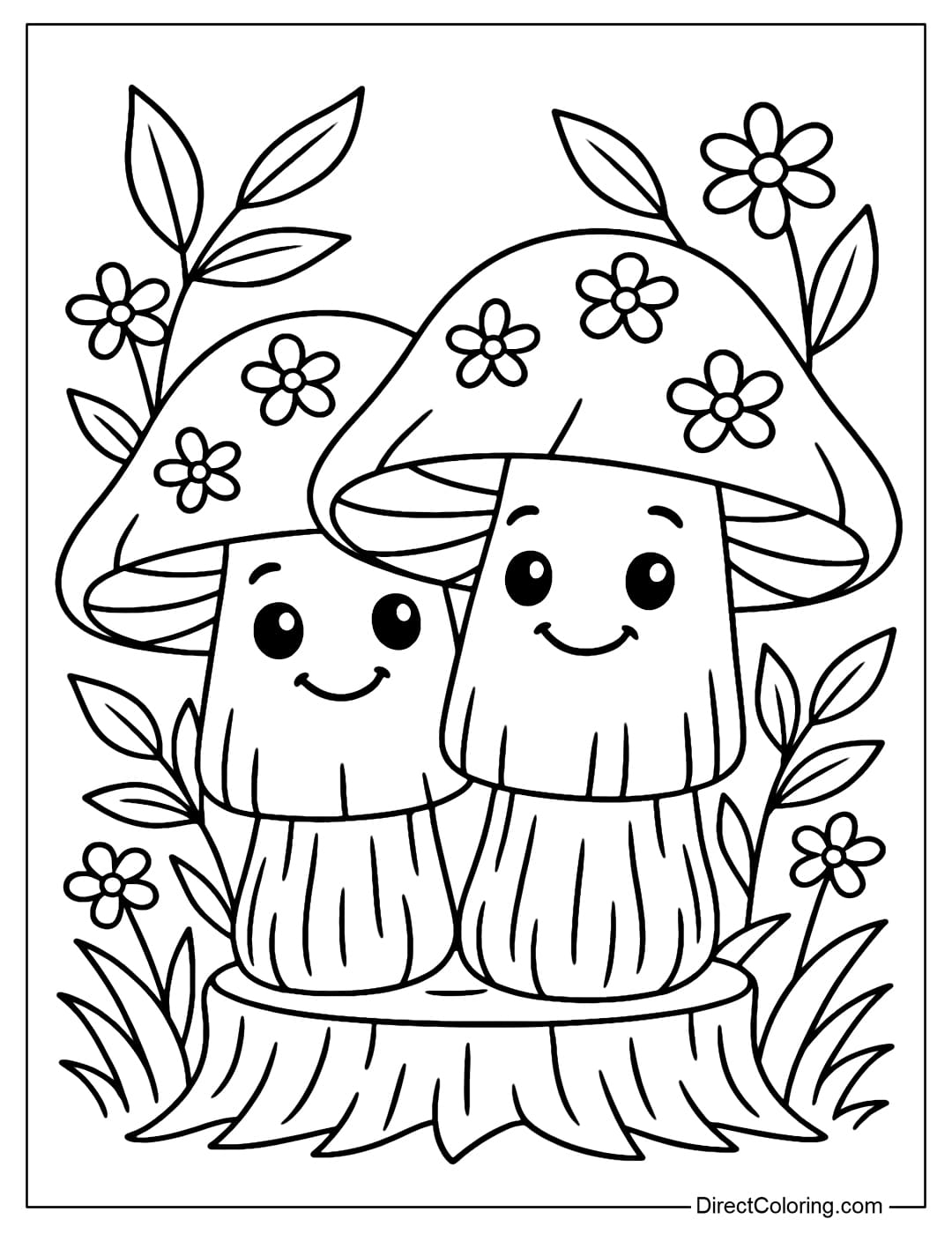 Happy Mushroom Duo Coloring Page A coloring page of two smiling mushroom friends, with small flowers growing on their caps and leaves surrounding them.