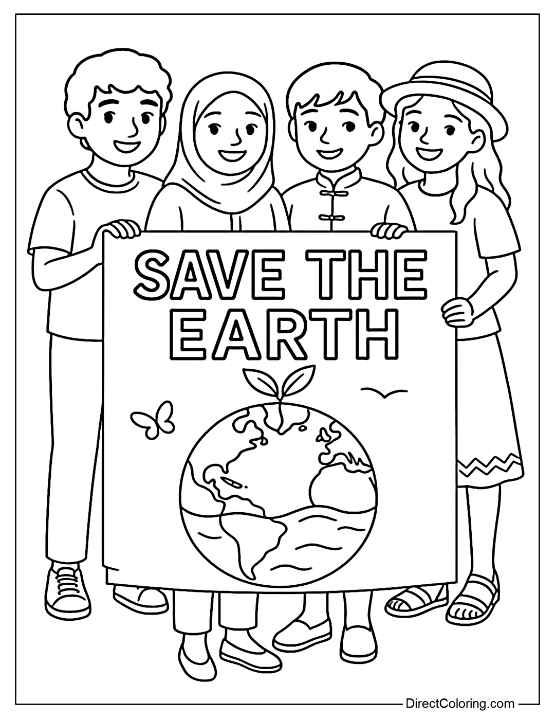 Coloring page of a group of young people holding a banner saying 