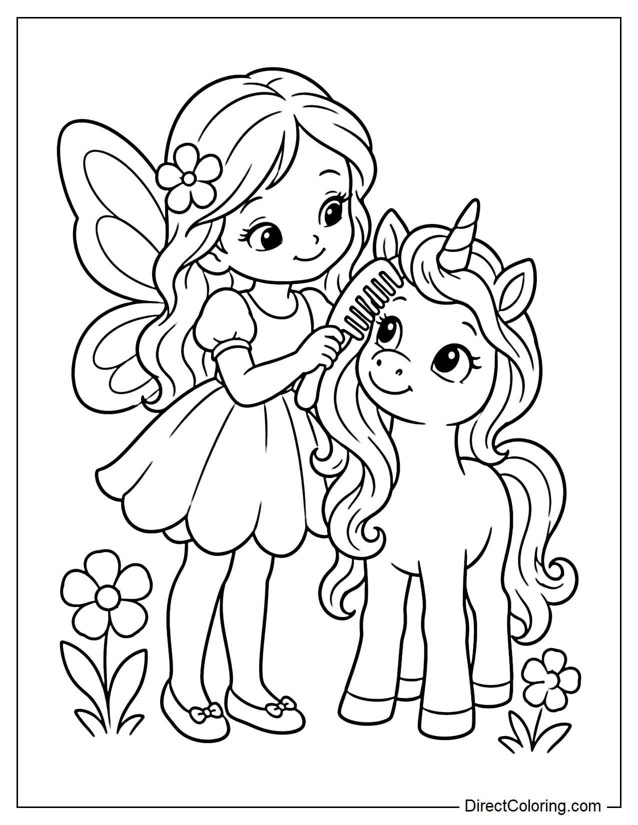 A fairy is holding a large comb and brushing the mane of a cute little unicorn.