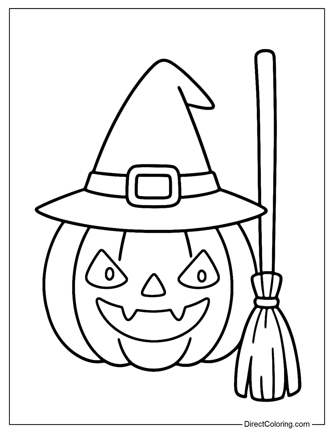 A pumpkin lantern coloring page with a pointed witch hat, a broomstick next to it, a face that is both spooky and cute.
