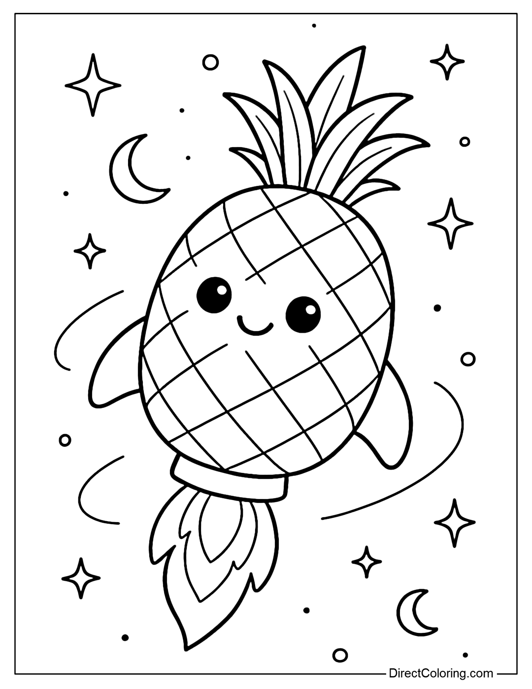A pineapple coloring page that turns into a rocket flying into the starry sky.
