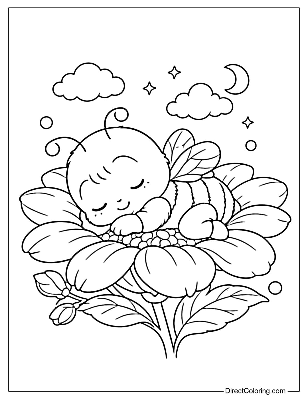 A coloring page of a baby bee sleeping peacefully on a soft flower petal, looking adorable and charming.
