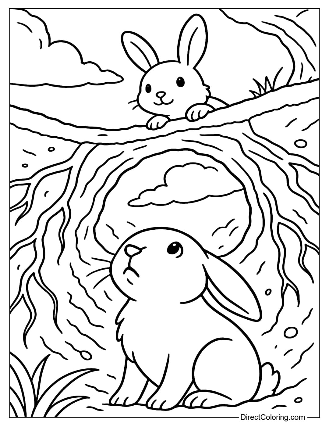 The coloring page from the small rabbit burrow looks up, near the eyes are tree roots and soft soil. Above, a little rabbit pokes its head out of the burrow, with lovely long ears.