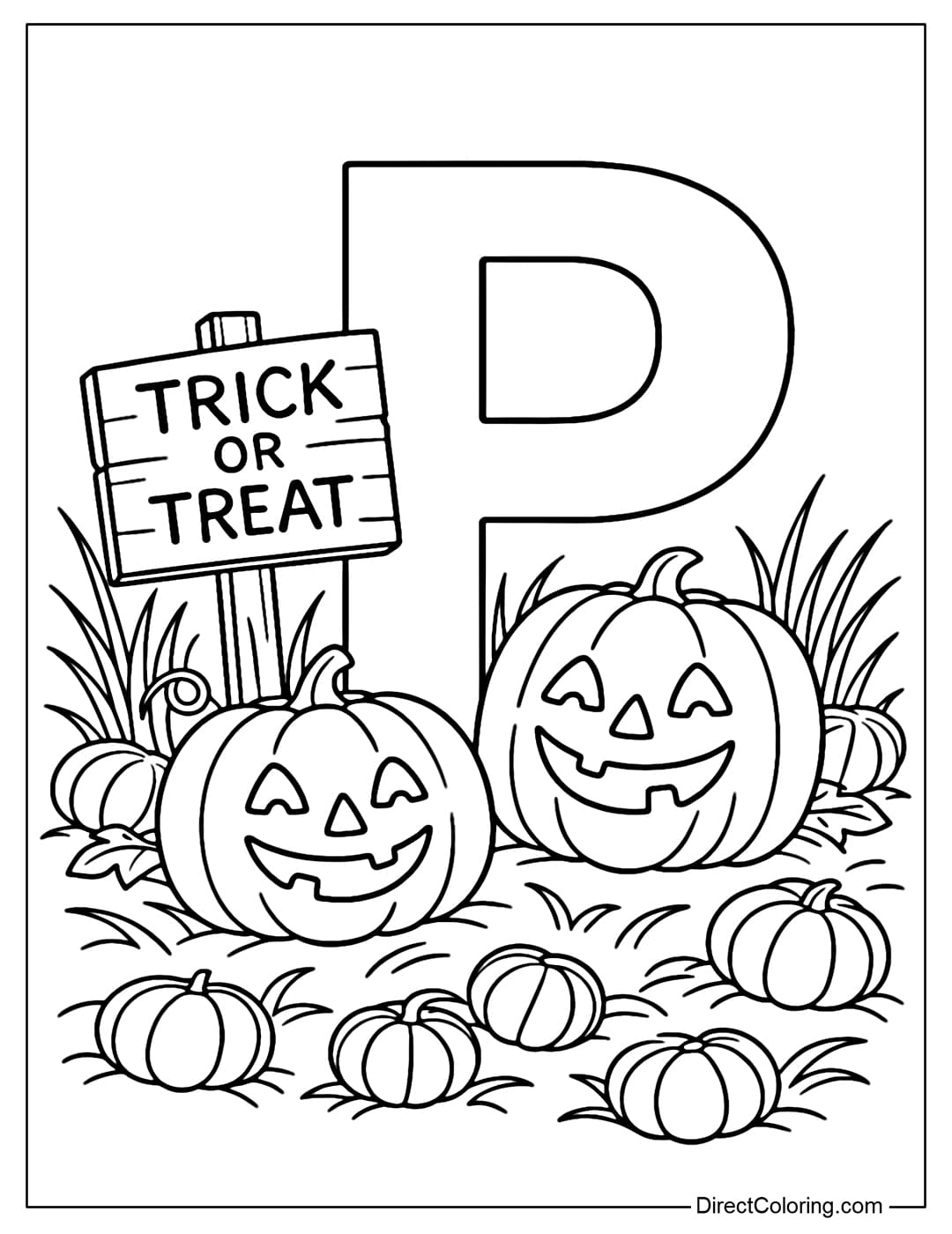 Letter P coloring page in the middle of a pumpkin field, with hay, a Trick or Treat wooden board, and a mother and child pumpkin laughing happily.