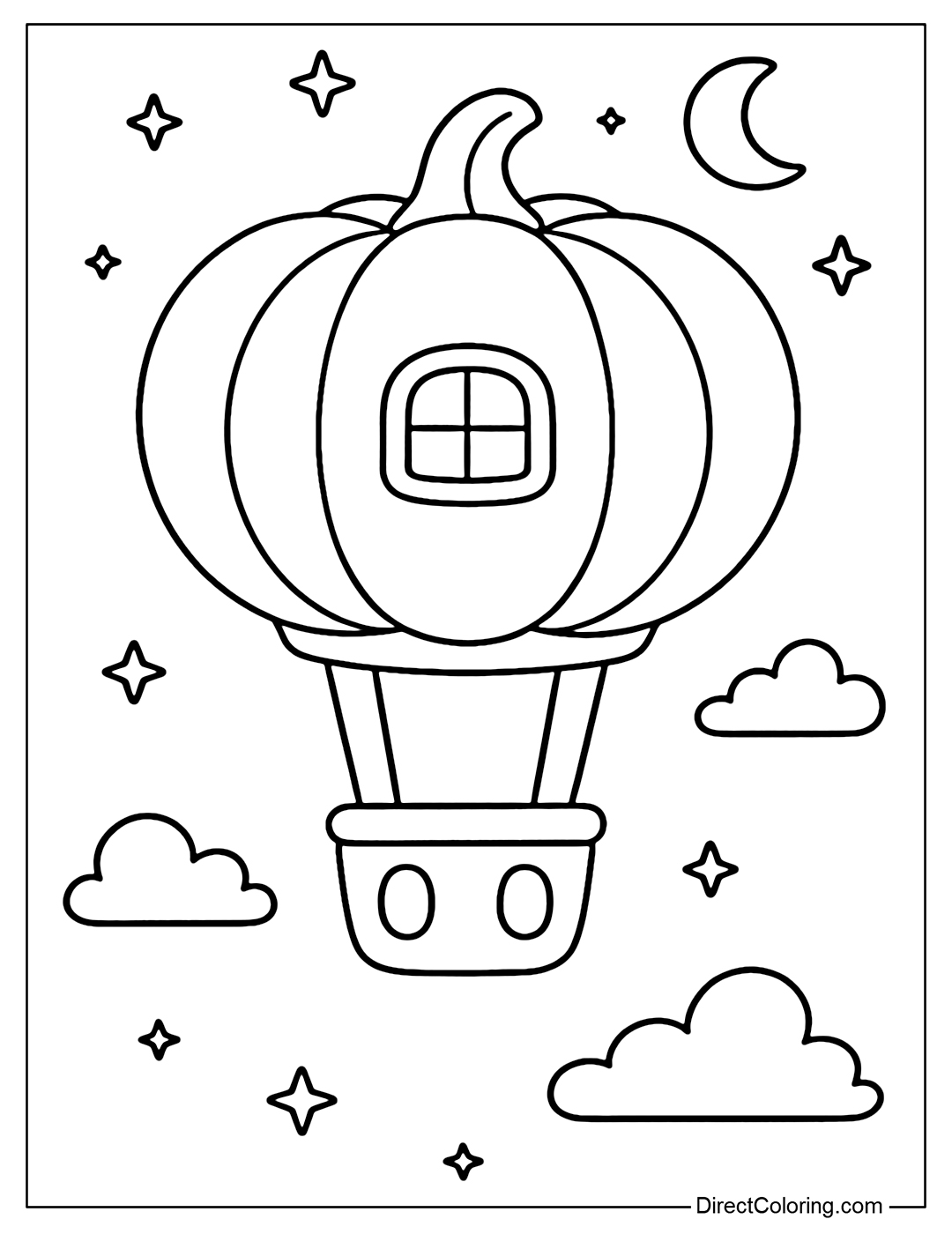 A pumpkin hot air balloon coloring page flying through the starry sky.