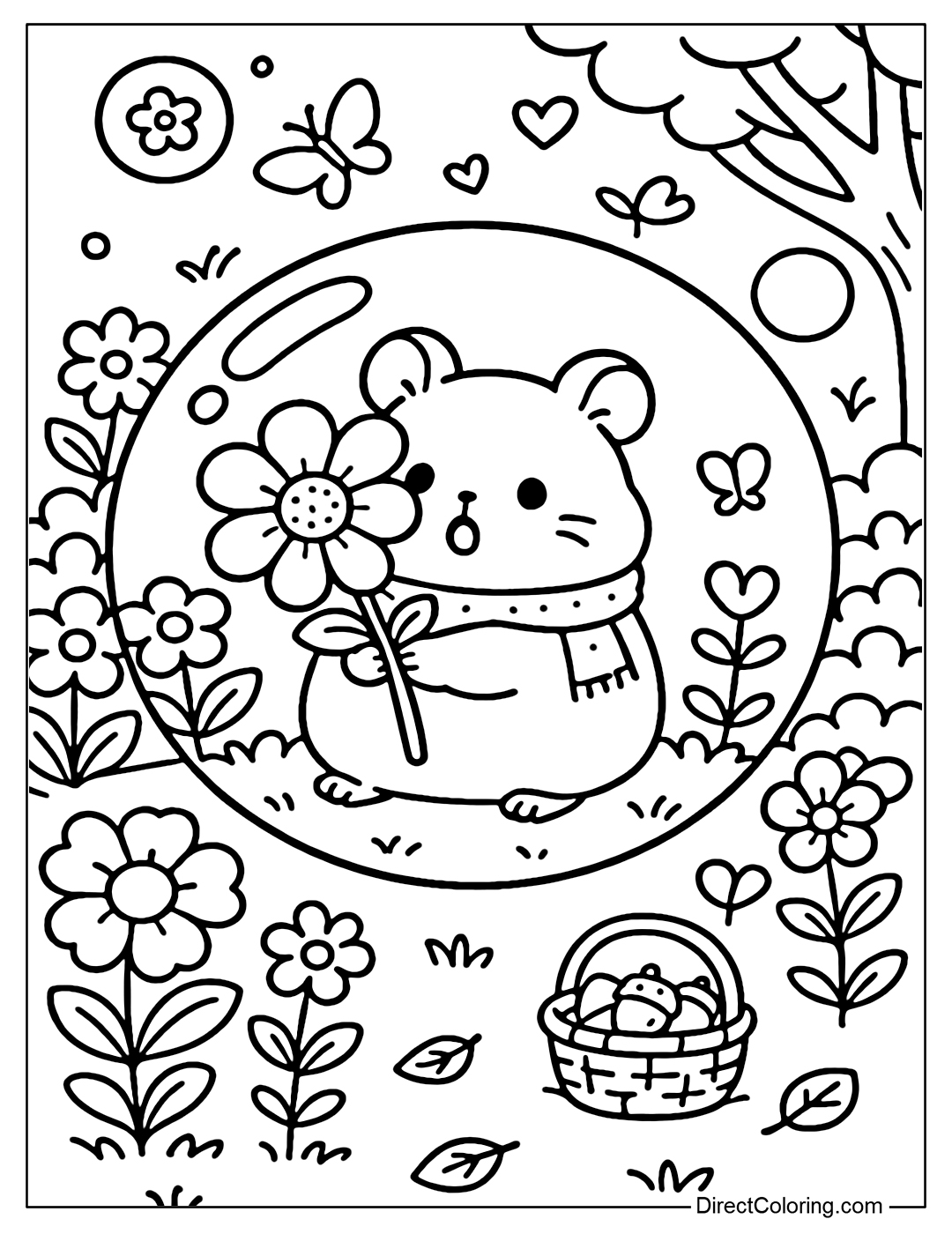 A large soap bubble coloring page containing a chubby little hamster holding a flower that is bigger than it. Outside the bubble are large flower bushes, some young plants growing and butterflies flying around.