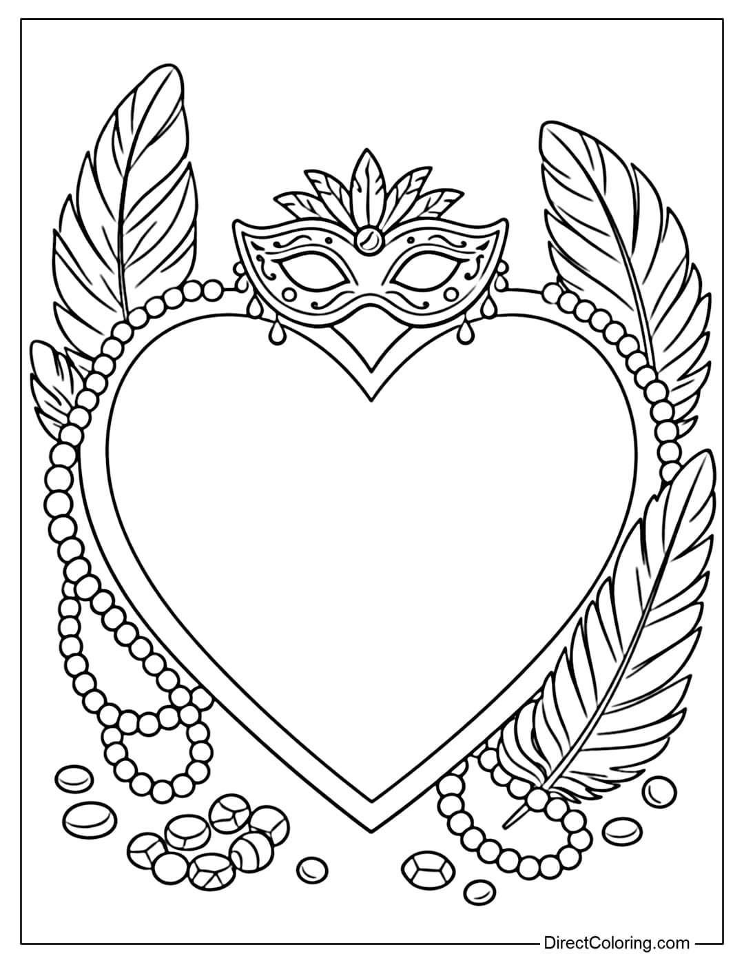 A coloring page of a small Mardi Gras mask placed on a large heart frame, surrounded by beads and feathers.