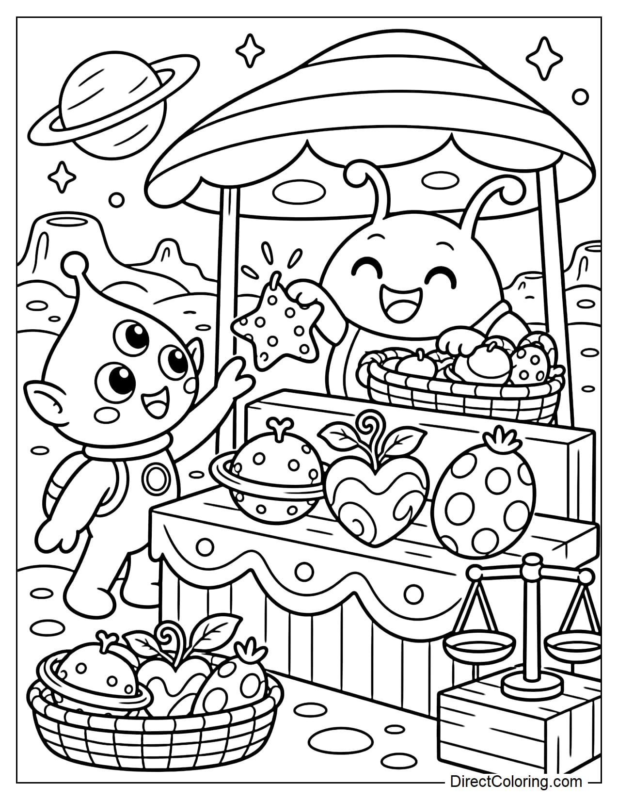Two cheerful aliens are buying and selling fruit at an alien market stall. On the counter are a planet-shaped fruit, a heart-shaped fruit with a curly leaf, and an oval fruit covered in large round spots.