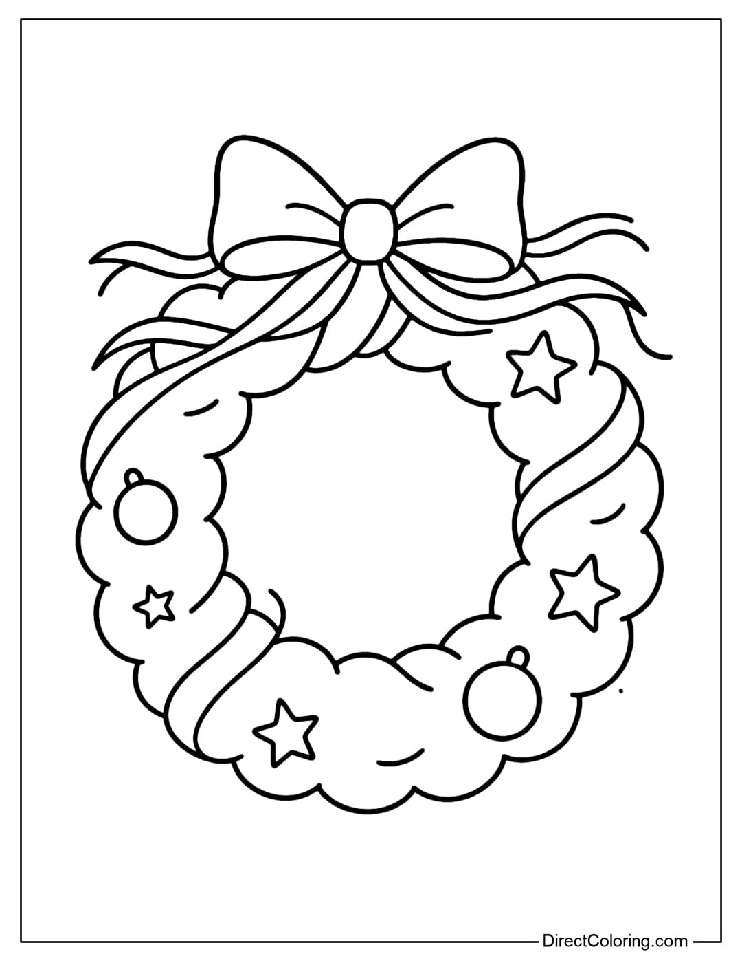 Ribbon Charm Wreath Coloring Page A wreath coloring page decorated with a star, bauble, and ribbon.