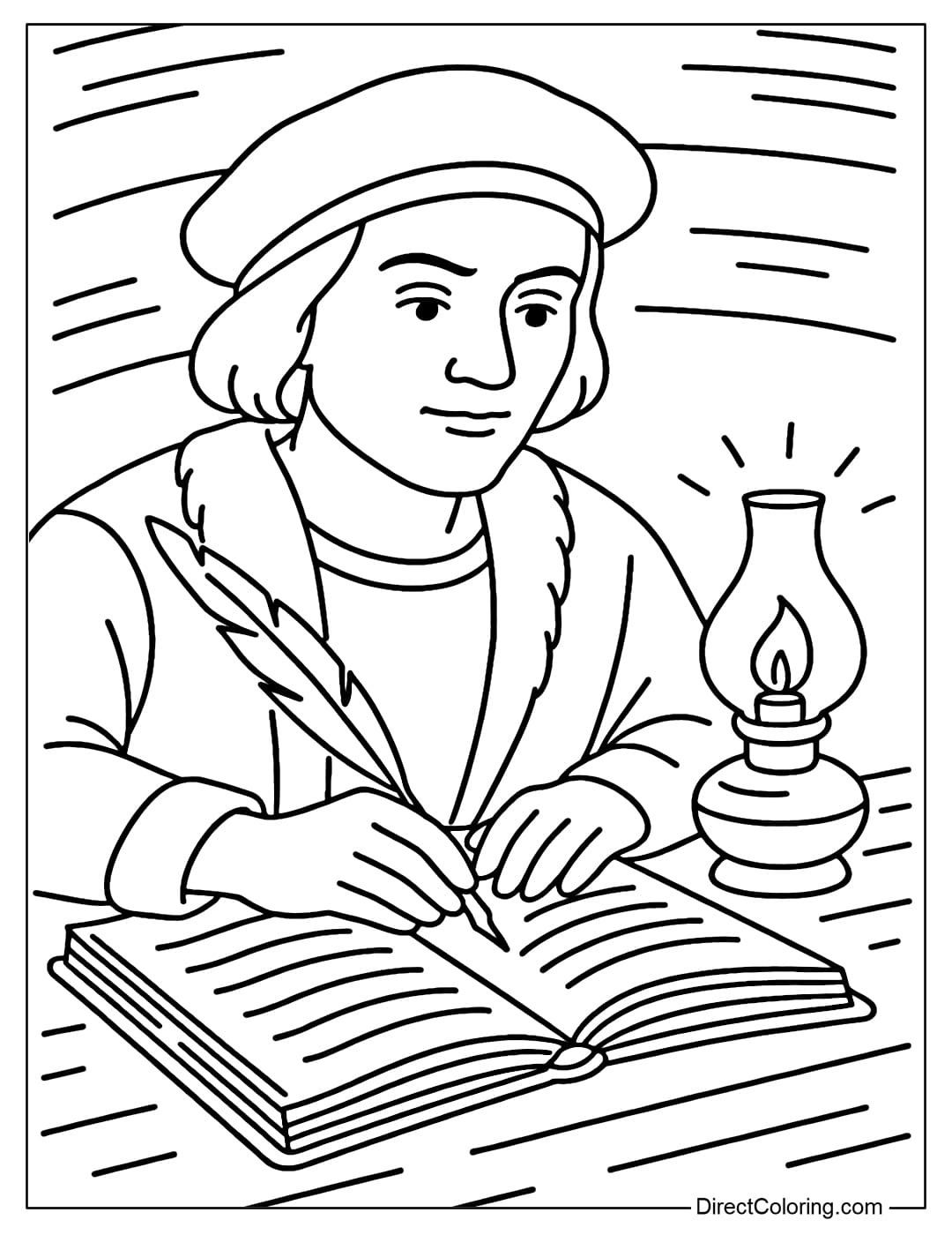 Coloring page of Columbus sitting at the table writing his travel diary with a brush pen, the oil lamp flickering.