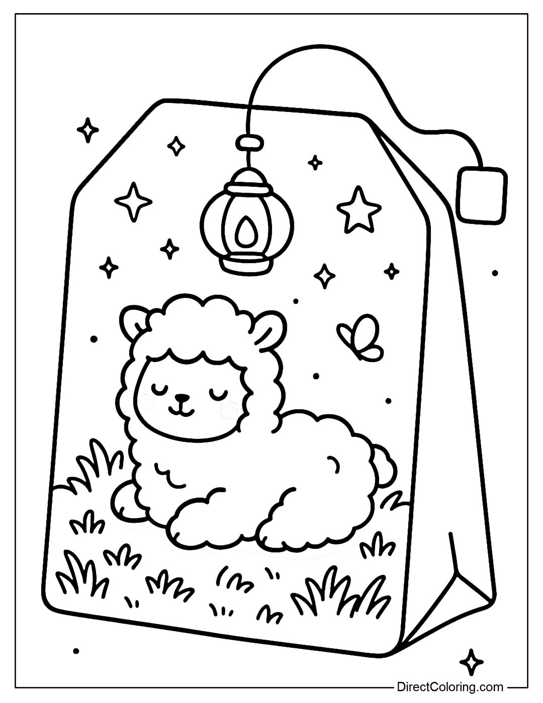 Tea bag coloring page featuring a fluffy alpaca resting under a starry night sky and lanterns.