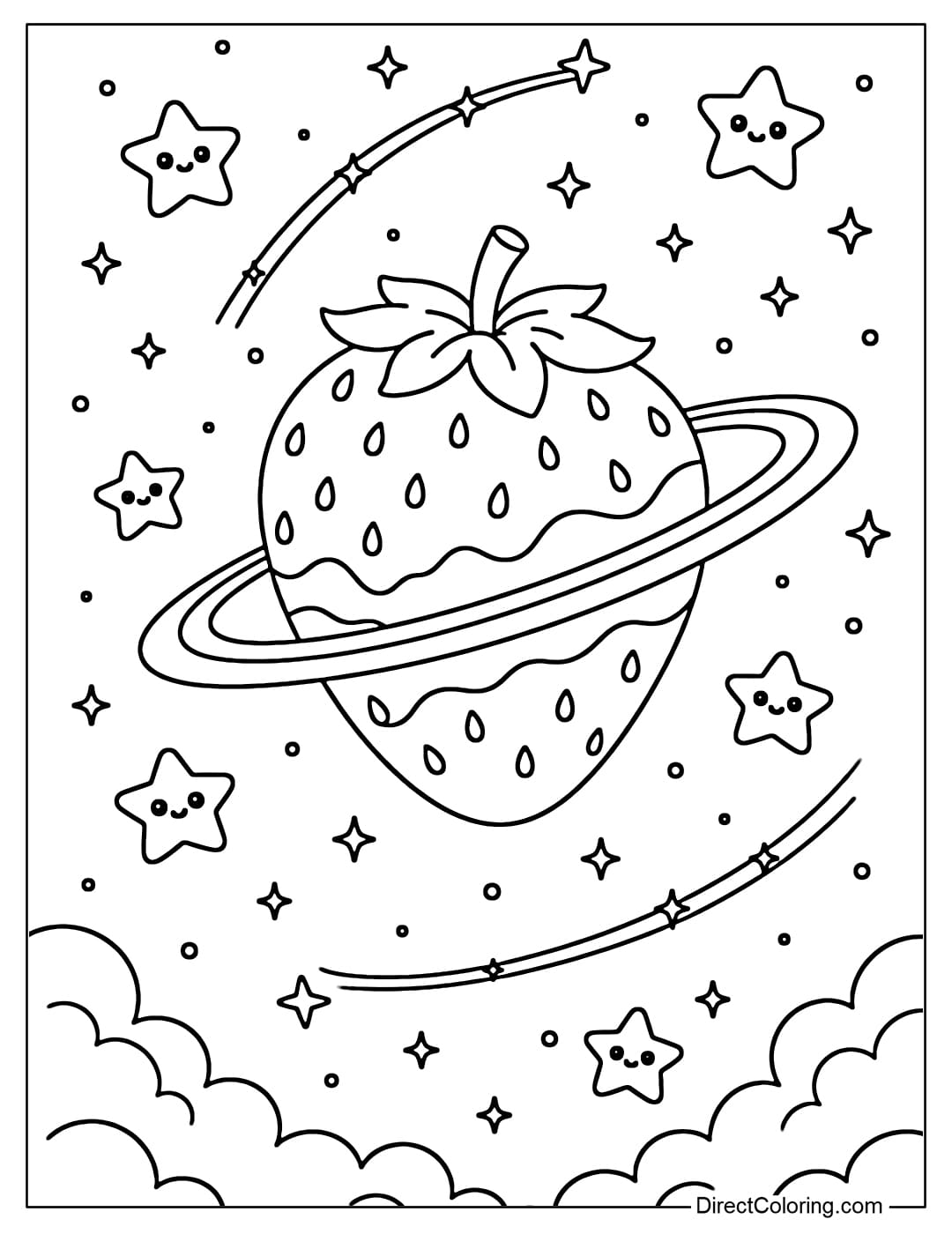 A coloring page of a strawberry-shaped planet in space with stars around it.