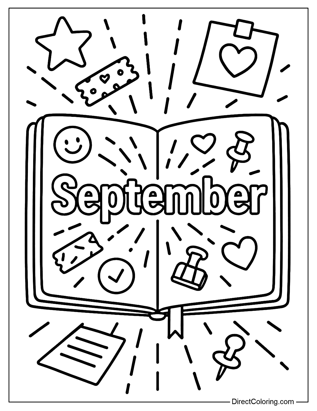Coloring page for the word September in the middle of an open planner page, from which cute details such as stickers, washi tape, pins, and sticky notes pop out.