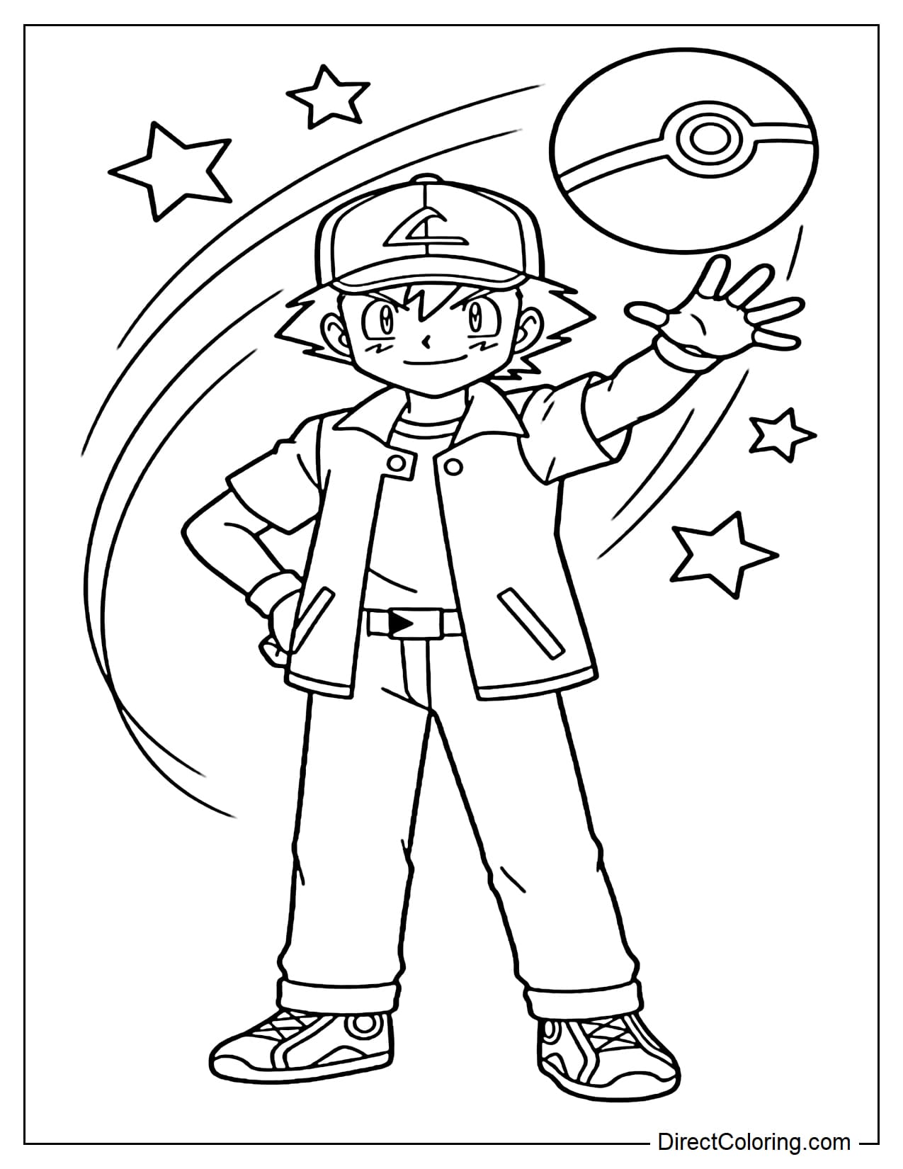 Ash throws the Poké Ball high into the air with one hand, leaving behind some curved lines and stars.