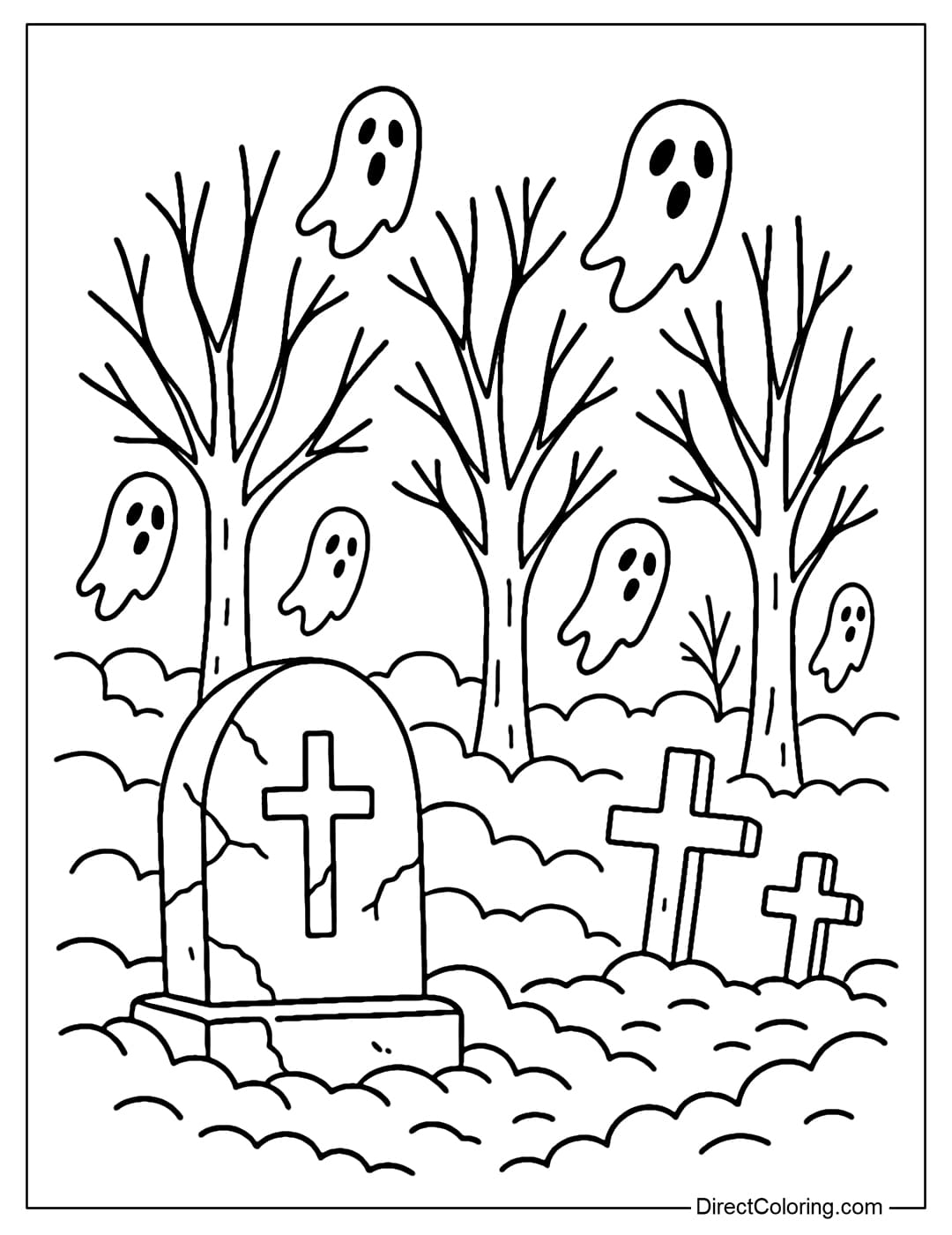 Foggy Cemetery Coloring Page A coloring page of a cemetery covered in thick fog, cracked ancient tombstones, and a few ghosts lurking behind the dry trees.