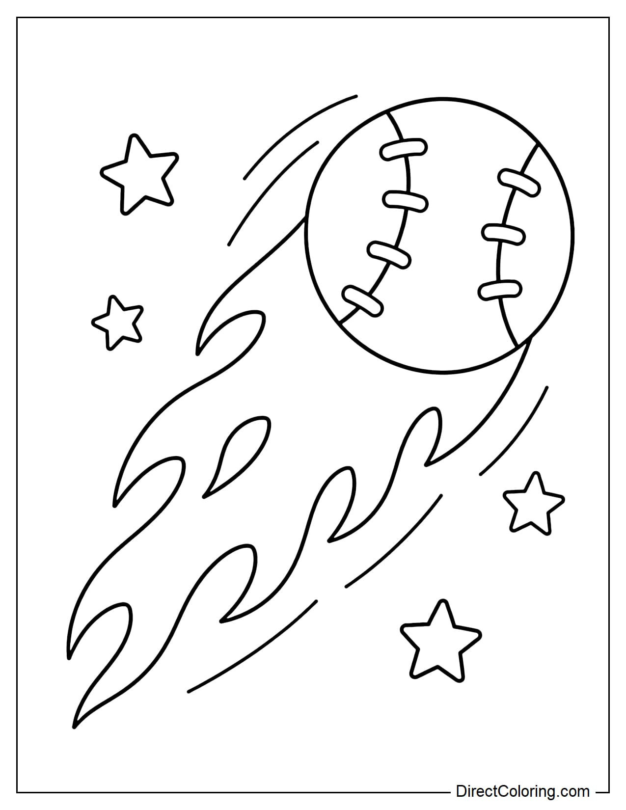A large baseball flying through the air with flames trailing behind it, moving at high speed, surrounded by several small stars.