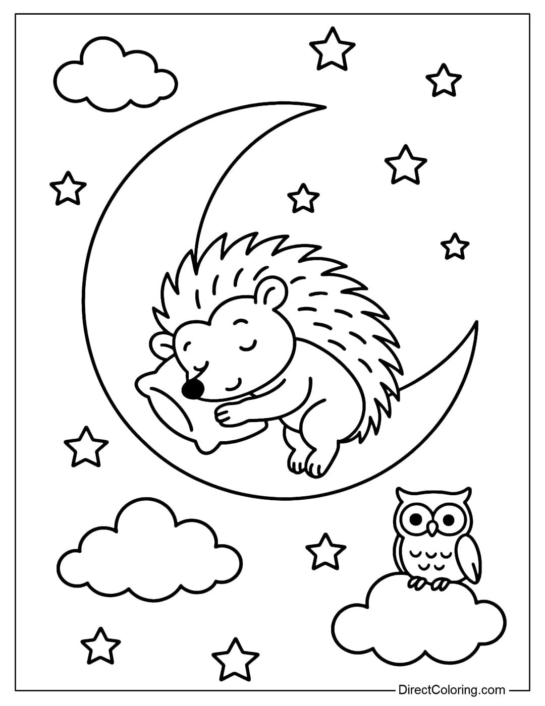 Hedgehog Dreaming Coloring Page Coloring page of a hedgehog sleeping on the moon, surrounded by fluffy clouds.