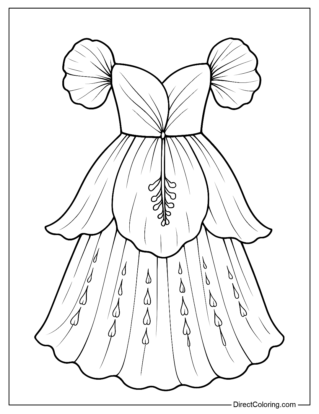 A hibiscus-inspired off-the-shoulder dress coloring page, the shoulders are two large blooming petals