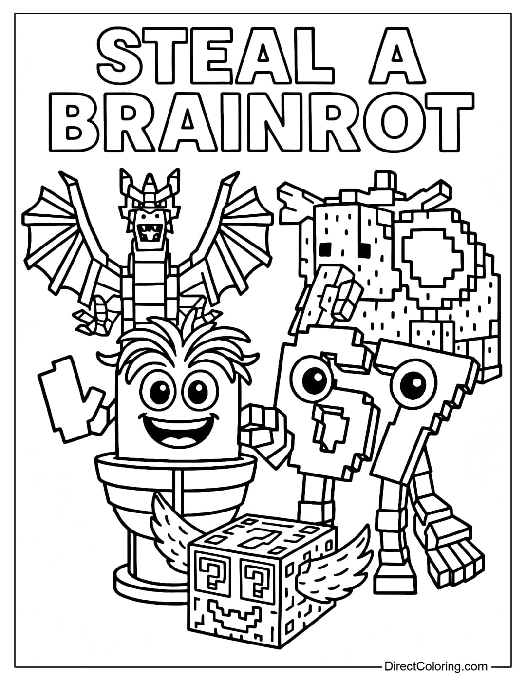 Coloring pages of characters in the game Steal a Brainrot Roblox including 67 Brainrot, Spaghetti Tualetti, Strawberry Elephant, Dragon Cannelloni, Brainrot God Lucky Block.