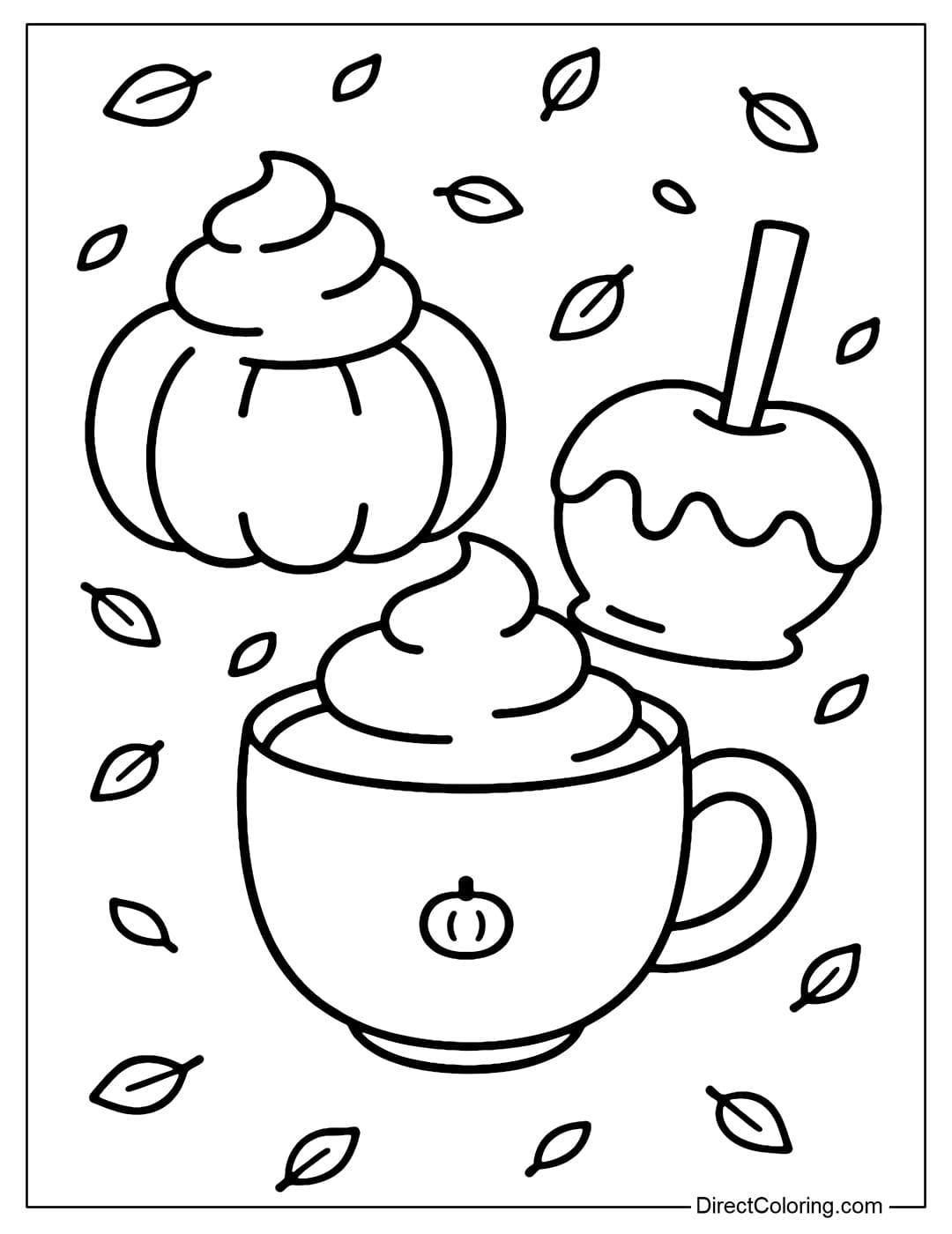Pumpkin Treats Coloring Page Coloring Page of a Pumpkin Pie, Pumpkin Latte, and Caramel Apples with Tiny Gold Leaves